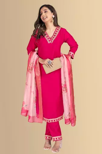 Rani color silk blend v-neck embroidred kurti pant dupatta