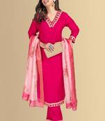 Rani color silk blend v-neck embroidred kurti pant dupatta