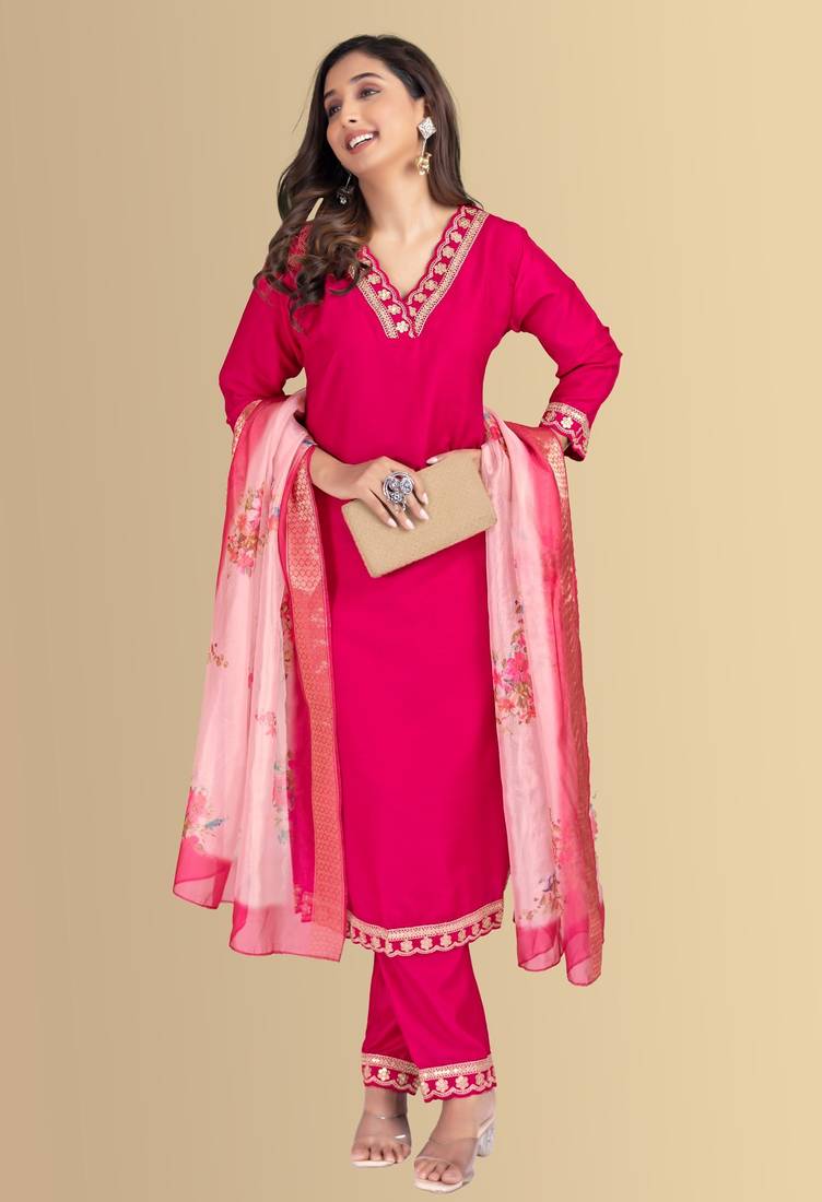 Rani color silk blend v-neck embroidred kurti pant dupatta