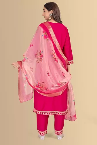 Rani color silk blend v-neck embroidred kurti pant dupatta