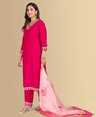 Rani color silk blend v-neck embroidred kurti pant dupatta 3
