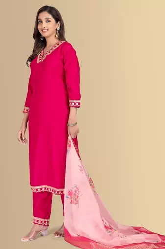 Rani color silk blend v-neck embroidred kurti pant dupatta