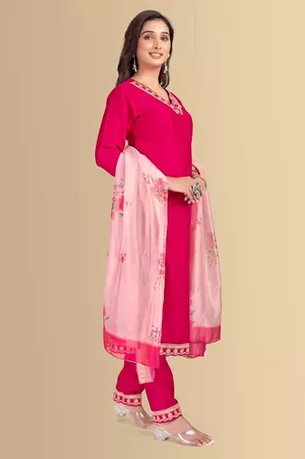 Rani color silk blend v-neck embroidred kurti pant dupatta
