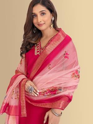 Rani color silk blend v-neck embroidred kurti pant dupatta 5