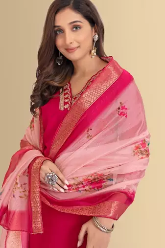 Rani color silk blend v-neck embroidred kurti pant dupatta
