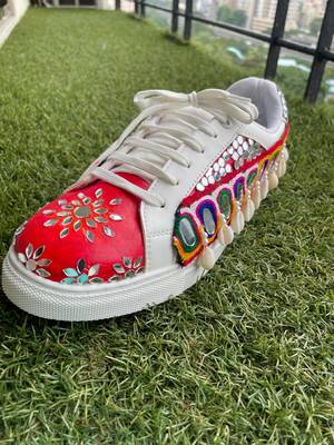 Red mirror embroidered leather sneaker 1