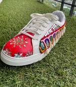 Red mirror embroidered leather sneaker