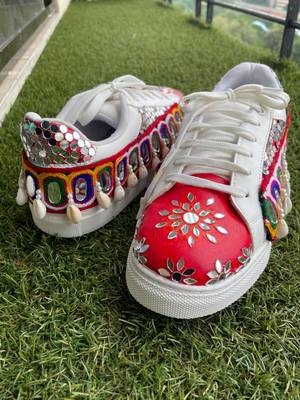 Red mirror embroidered leather sneaker 2