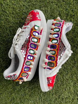 Red mirror embroidered leather sneaker 3