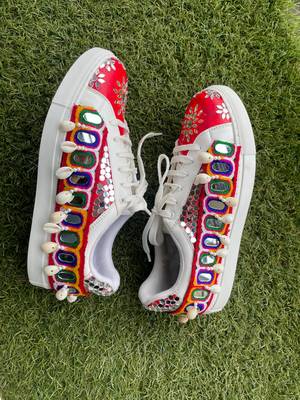 Red mirror embroidered leather sneaker 4