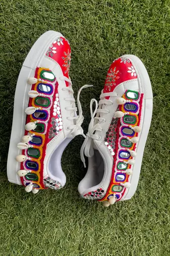 Red mirror embroidered leather sneaker