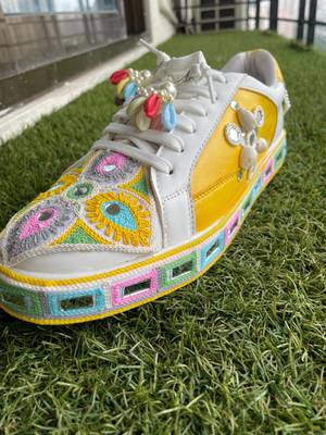 Yellow mirror embroidered leather sneaker 1
