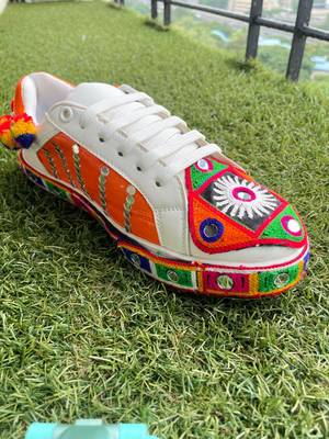 Orange mirror embroidered leather sneaker 1