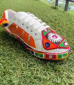 Orange mirror embroidered leather sneaker