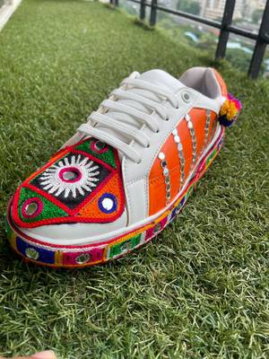 Orange mirror embroidered leather sneaker 2
