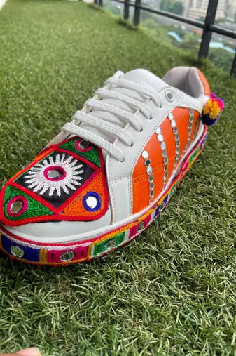 Orange mirror embroidered leather sneaker