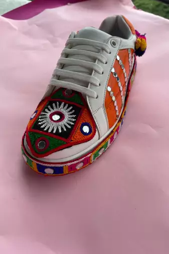 Orange mirror embroidered leather sneaker