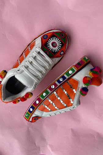 Orange mirror embroidered leather sneaker