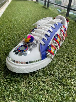 Blue mirror embroidered leather sneaker 1