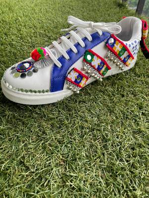 Blue mirror embroidered leather sneaker 2