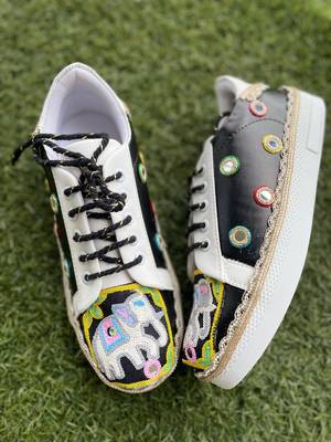 Black mirror embroidered leather sneaker 2