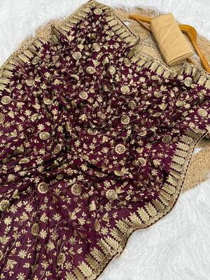 Wine Color Fully Embroidered Vichitra Silk blend Saree 1