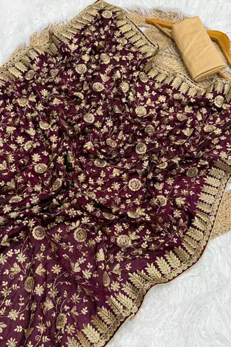 Wine Color Fully Embroidered Vichitra Silk blend Saree