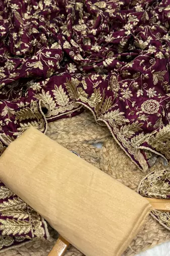 Wine Color Fully Embroidered Vichitra Silk blend Saree