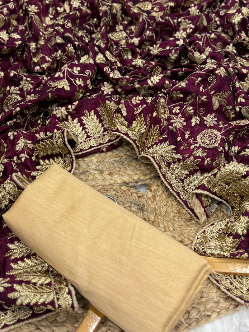Wine Color Fully Embroidered Vichitra Silk blend Saree