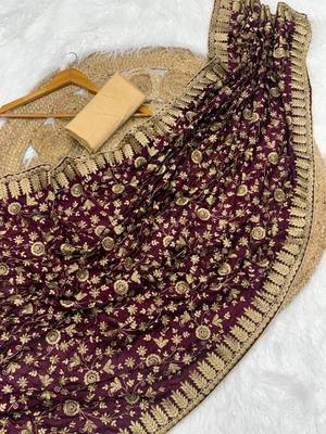 Wine Color Fully Embroidered Vichitra Silk blend Saree 3