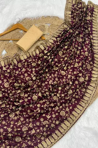 Wine Color Fully Embroidered Vichitra Silk blend Saree