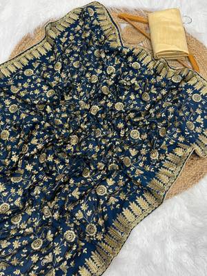 Teal Color Fully Embroidered Vichitra Silk blend Saree 1