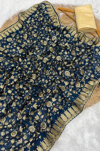 Teal Color Fully Embroidered Vichitra Silk blend Saree