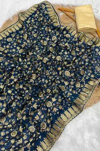 Teal Color Fully Embroidered Vichitra Silk blend Saree