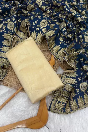 Teal Color Fully Embroidered Vichitra Silk blend Saree