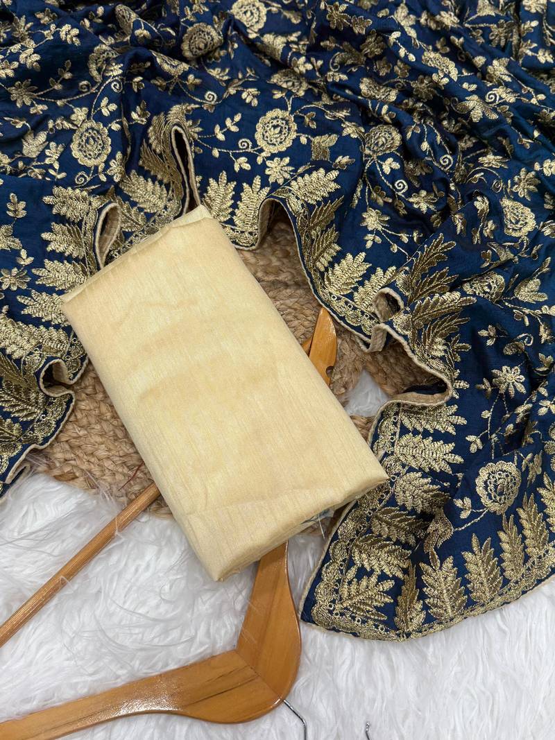 Teal Color Fully Embroidered Vichitra Silk blend Saree