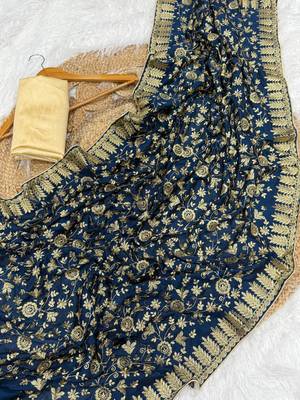 Teal Color Fully Embroidered Vichitra Silk blend Saree 3
