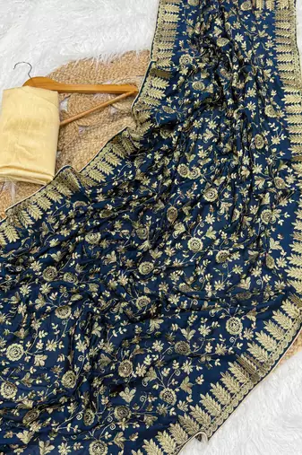 Teal Color Fully Embroidered Vichitra Silk blend Saree