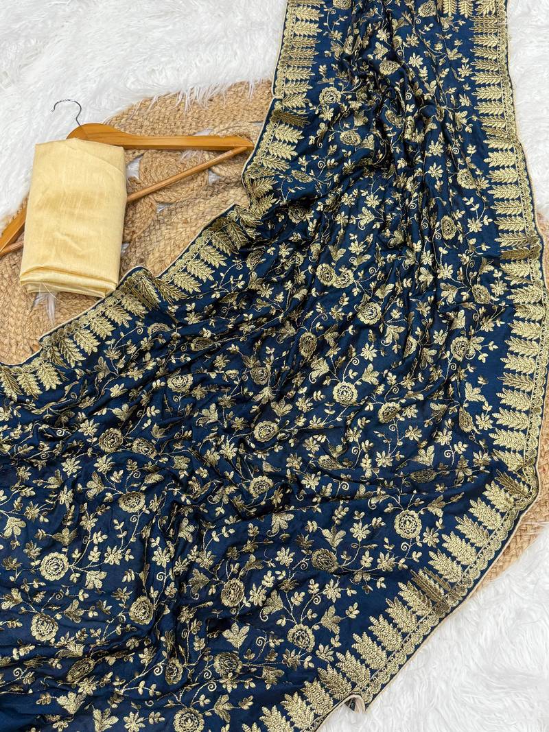 Teal Color Fully Embroidered Vichitra Silk blend Saree