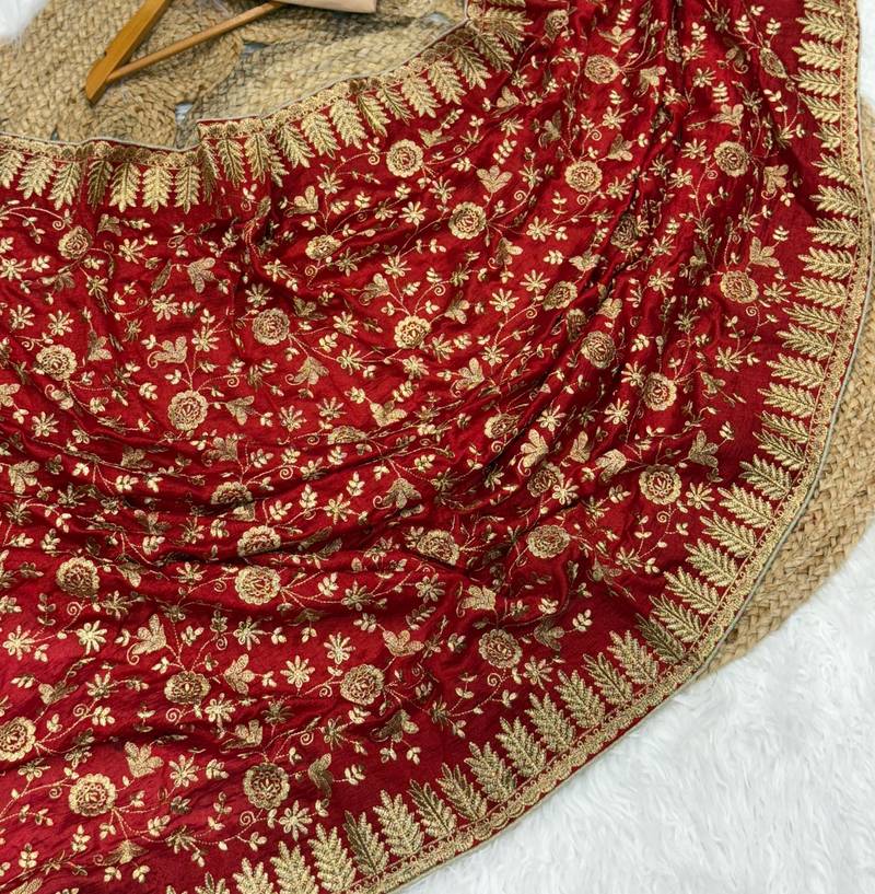 Red Color Fully Embroidered Vichitra Silk blend Saree