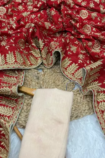 Red Color Fully Embroidered Vichitra Silk blend Saree