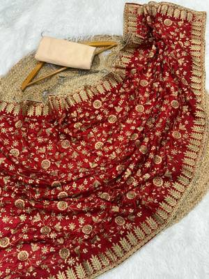 Red Color Fully Embroidered Vichitra Silk blend Saree 3