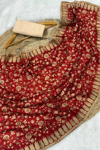 Red Color Fully Embroidered Vichitra Silk blend Saree