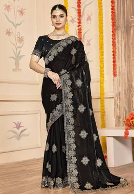 Blue zari embroidery work zarkhan work fendy silk blend saree with blouse 1