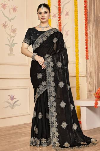 Blue color zari embroidery work zarkhan work fendy silk saree with blouse