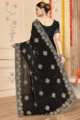 Blue color zari embroidery work zarkhan work fendy silk blend saree with blouse