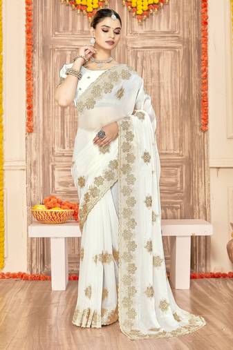 White color zari embroidery work zarkhan work fendy silk saree with blouse