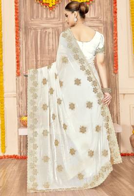White color zari embroidery work zarkhan work fendy silk blend saree with blouse 2
