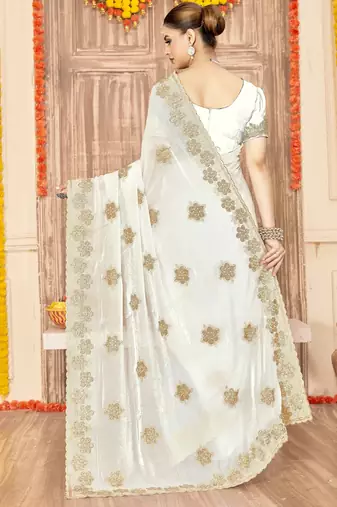 White color zari embroidery work zarkhan work fendy silk blend saree with blouse