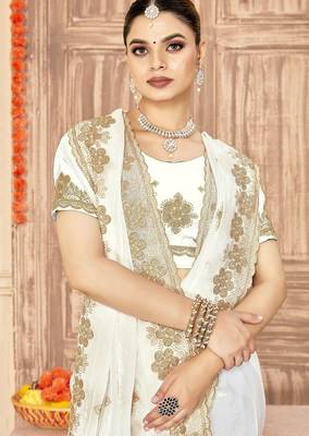 White color zari embroidery work zarkhan work fendy silk blend saree with blouse 3